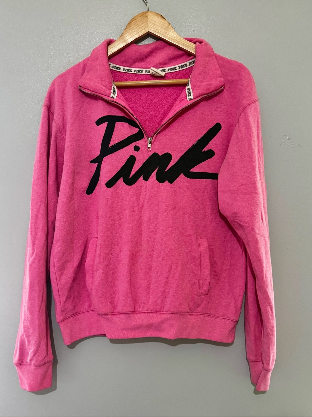 PINK Victoria's Secret Hot Pink Half-Zip Pullover with Black Logo Cozy Casual